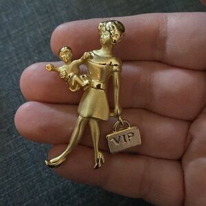 Vintage AJC Modern Working Woman Mother VIP Executive Pin Brooch Gold Tone